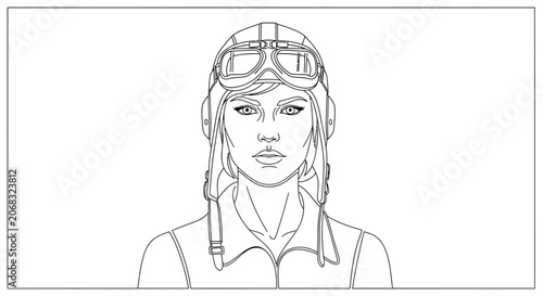 Retro Female Aviator Portrait, Vintage Pilot Goggles and Helmet, Confident Expression, Line Art