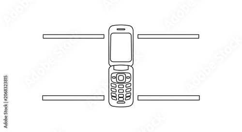Retro Flip Phone Centered Between Two Horizontal Lines, Vintage Technology Concept
