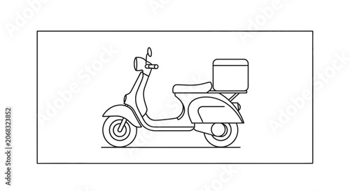 Retro Scooter with Delivery Box - Vector Line Art Illustration