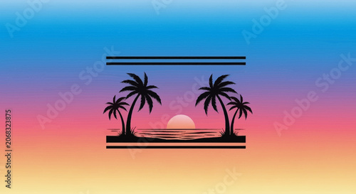 Retro Sunset Beach Palm Trees Silhouette - 80s Synthwave Aesthetic