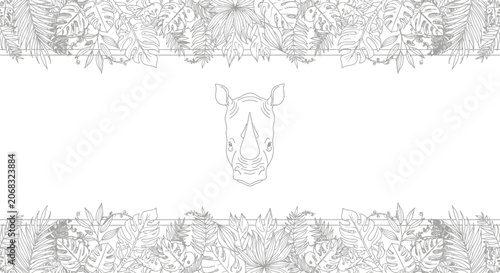 Rhino Head Outline with Tropical Leaves Border - Minimalist Wildlife Art