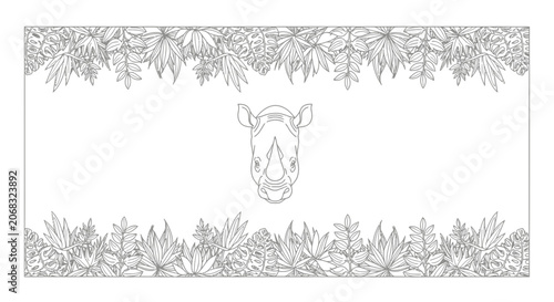 Rhino Head Silhouette with Floral Border - Vector Line Art