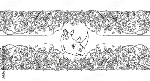 Rhino Head Silhouette with Tropical Leaves Border - Coloring Page Design