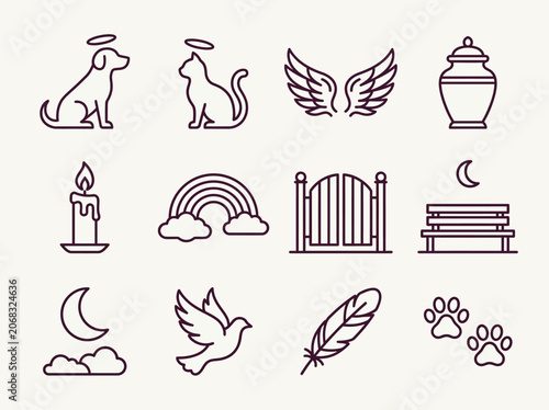Fotografie Pet Memorial and Loss Line Art Icon Set for Dog and Cat Bereavement