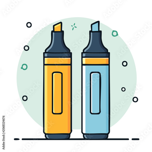 Two flat design highlighter pens, yellow and blue