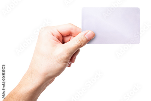 A close-up man hand holds a silver card isolated on white background with a clipping path.