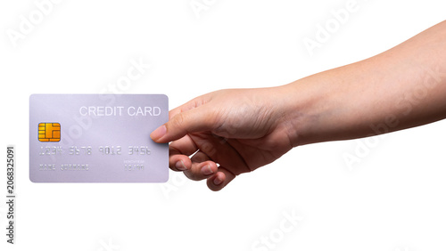 A close-up man hand holds a silver card isolated on white background with a clipping path.