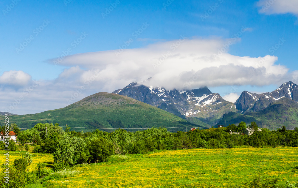 Obraz premium Lofoten Island, Norwegian Sea, Alesund, Hjorundfjord, Finnmark, Norway, Arctic, Norwegian fjords