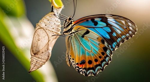 vibrant butterfly with colorful wings is shown just after emerging from its chrysalis, clinging to a green leaf in a natural setting.