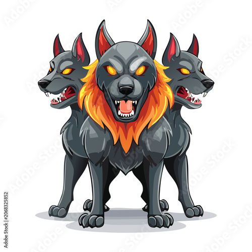 Tableau sur toile Vibrant vector illustration of fierce multi headed cerberus monster dog standing