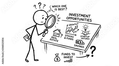 A hand drawn doodle of a man analyzing investment opportunities with a magnifying glass.