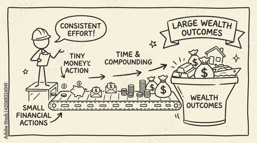 Quadro su tela A hand drawn doodle illustration shows consistent effort leading to large wealth outcomes