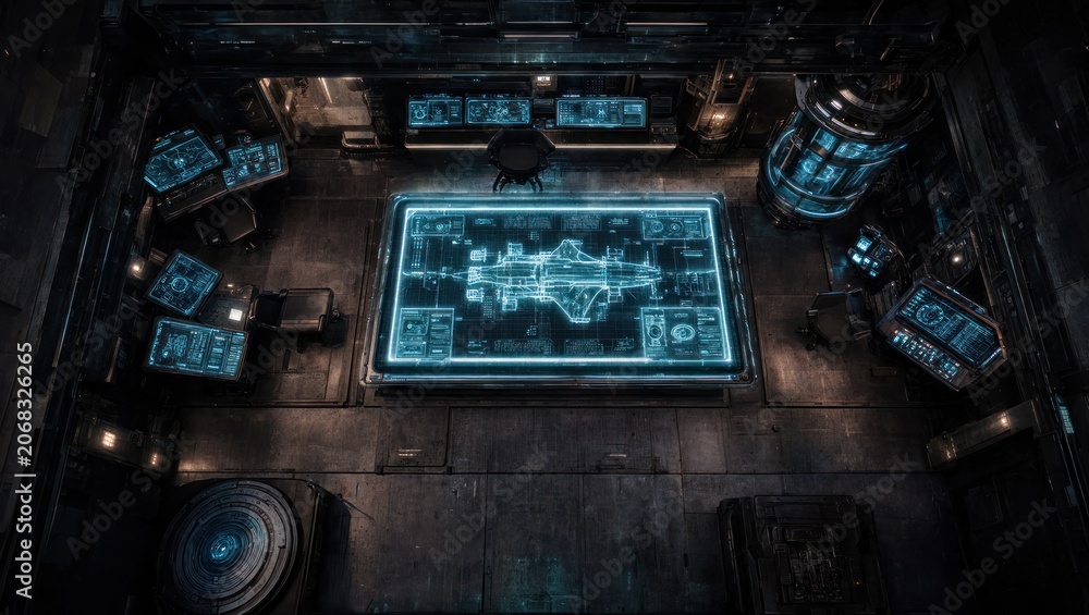 Fototapeta premium Futuristic command center with glowing holographic spaceship blueprint on digital table, for advanced aerospace engineering, strategic planning, high tech innovation