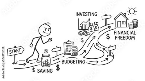 A hand drawn doodle of a person walking on a path to financial freedom with investing, budgeting and saving.