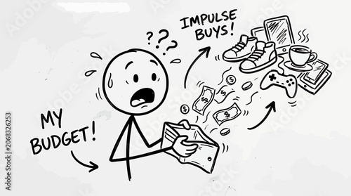 Person experiencing financial stress due to hand drawn doodle impulse buys