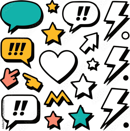 Collection of retro pop art graphic elements featuring speech bubbles, stars, lightning bolts, and hearts with bold outlines and vibrant colors.