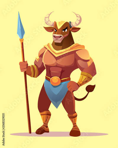 A unique and highly detailed mythical minotaur bull warrior holding spear ancient armor fantasy creature character artwork presenting a unique style that