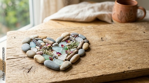 Heart Shape Made of Beach Stones, Sea Glass, and Dried Flowers on Wood