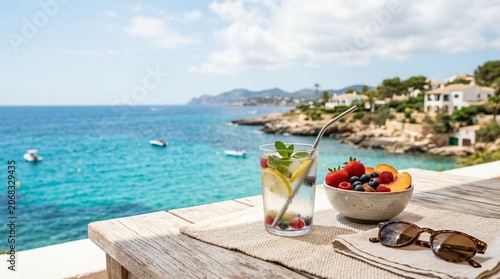 Summer Refreshment and Fruit Bowl on Sunny Mediterranean Terrace Overlooking Blue Sea