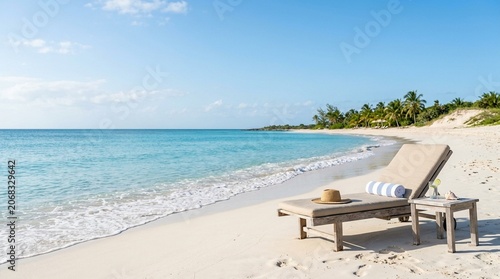 Deserted Tropical Beach with Lounge Chair and Turquoise Ocean