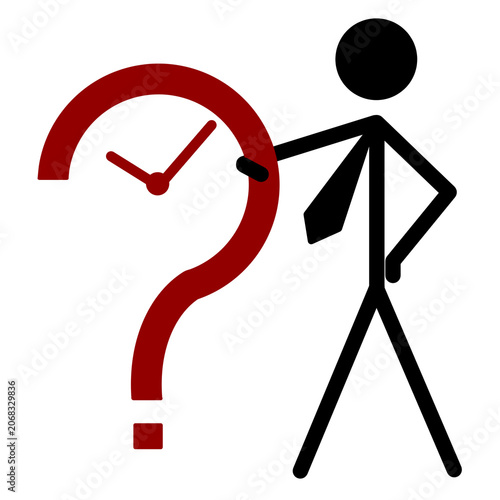Businessman icon with question mark and clock in red outline. Symbol of thinking, decision making, planning, waiting, scheduling, and time management.