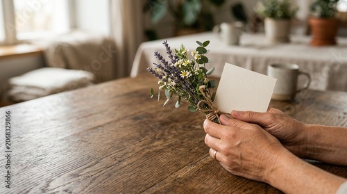 Hands Holding a Rustic Bouquet with Blank Note Card on a Wooden Table