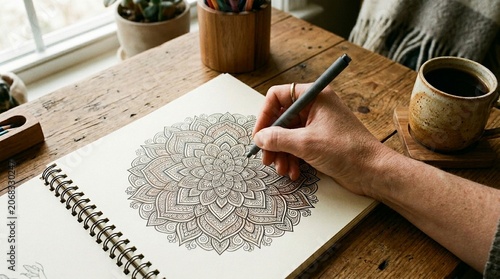 Adult Hand Drawing Intricate Mandala Design in Coloring Book