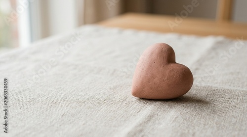 Minimal Terracotta Heart Decoration on Neutral Linen Fabric