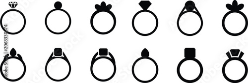 Jewelry rings collection with diverse gemstone shapes and settings for engagement and wedding jewelry icons.
