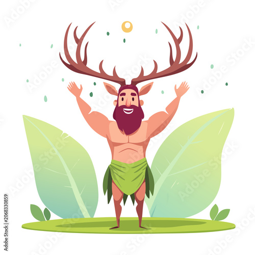 Fotografía Smiling mythological deer faun character with leaf clothes waving happily for fa