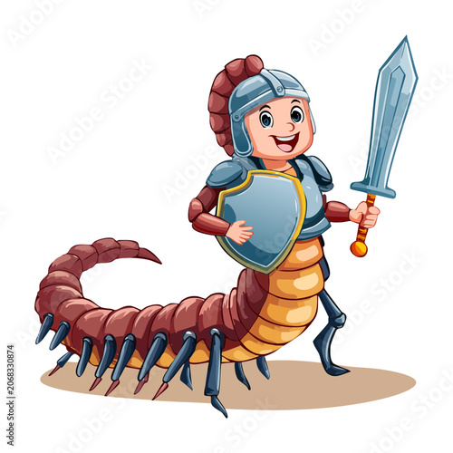 Fotografie Heroic armored centipede fighter character brandishing a sword and shield for fa