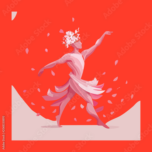 Whimsical flower fairy ballerina dancing energetically in a vibrant red rose dress for spring festival advertisements theater performance covers and stickers