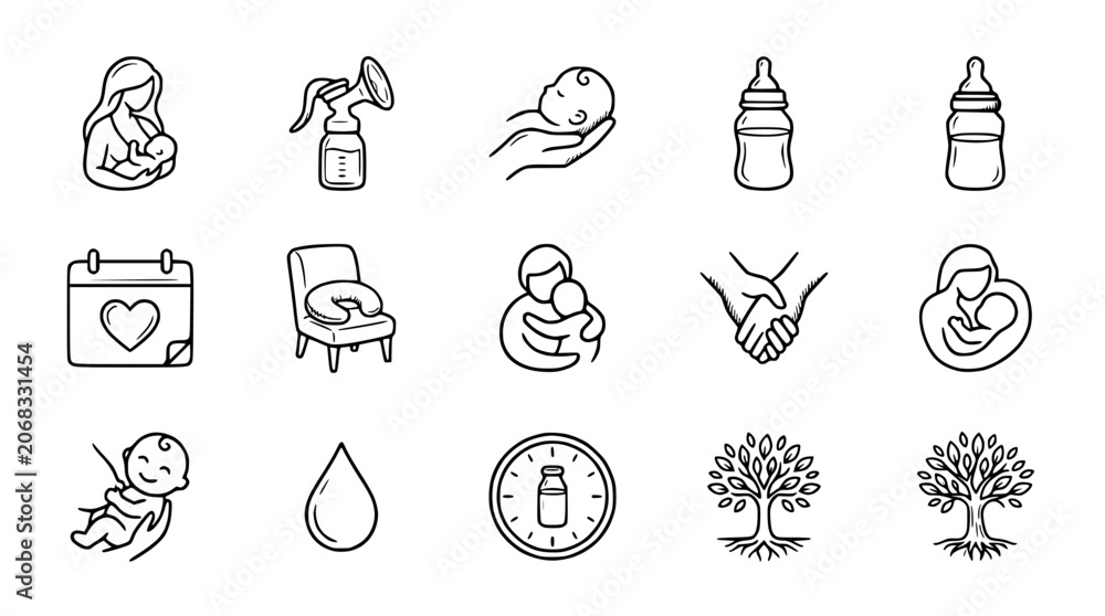 Fototapeta premium Baby Care Icons: Breastfeeding, Bottle Feeding, Family Love, Parenting, Maternity Set