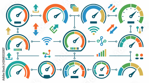 Modern gauge and speedometer dashboard icons for data visualization and performance.