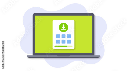 Modern laptop display showing app update and download progress icons on green background.