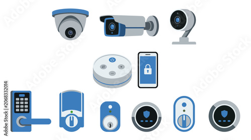 Modern smart home security system and IoT device icon collection.