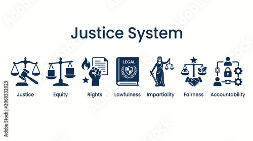 Modern solid icon set for justice system and legal services.
