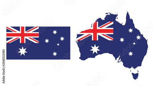 National flag and map silhouette of Australia on a white background.