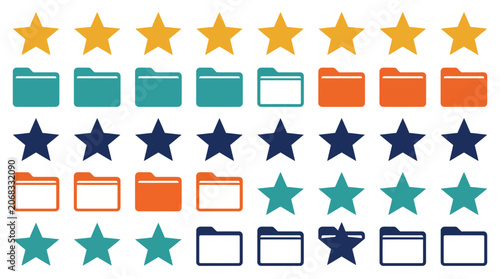 Multicolored file folder symbols and star rating icons for web and mobile applications.