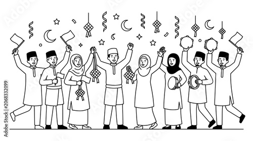 Muslim community celebrating Eid with joy in a minimalist black and white line art style.