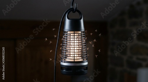 A bug zapper hangs from the ceiling emitting light indoors.
