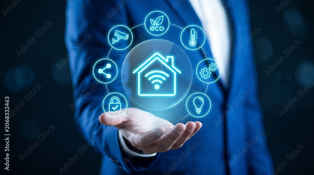 Fototapeta premium Smart home automation concept with a businessman holding a digital interface with house and internet of things icons