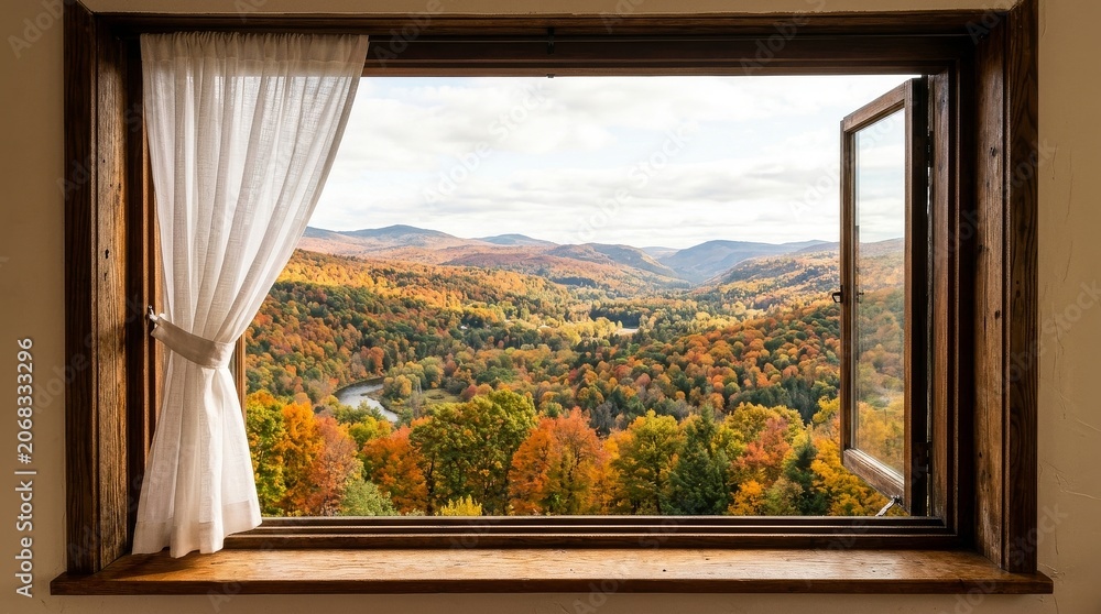 Fototapeta premium Open Window Overlooking Colorful Fall Mountain Landscape
