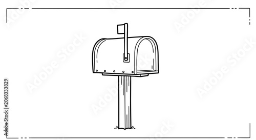 Vintage Mailbox Illustration: Classic American Post Box with Flag, Black and White Sketch