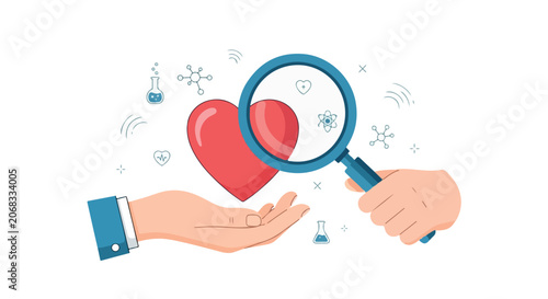 A pair of hands presents a bright red heart under a magnifying glass, symbolizing love discovery and care