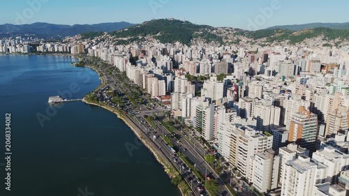 High Angle Aerial Shot of Florianopolis Beira Mar Norte Cityscape with Skyscrapers Public Park and Ocean Bay