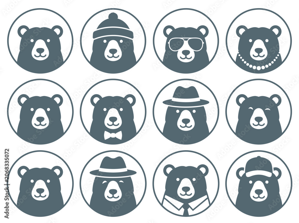 Obraz premium Minimalist bear icon set with diverse character accessories