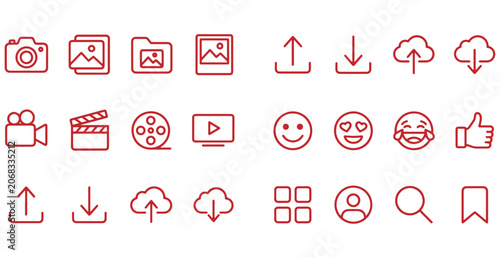 Media and Interface Line Icons Set  Gallery, Video, Upload, Download and Social UI Vector Collection