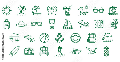 Summer Travel Line Icons Set with Beach Vacation Tourism Adventure and Holiday Symbols