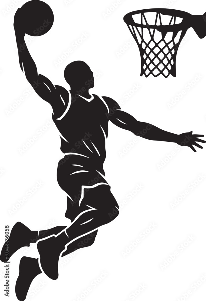 Obraz premium Black silhouette basketball player, dunking ball, sports icon, athletic vector
